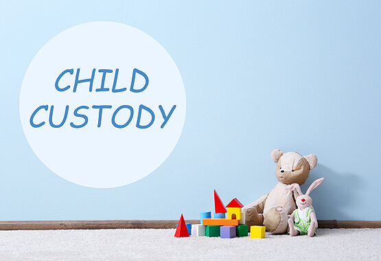 toys sitting on the carpet in front of a blue wall that reads child custody