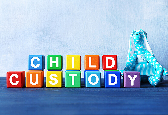 colorful blocks that spell out child custody next to a stuffed animal