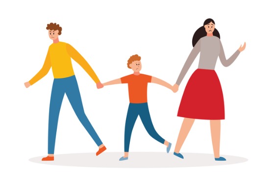 An illustration of an arguing couple each trying to take their child in a separate direction
